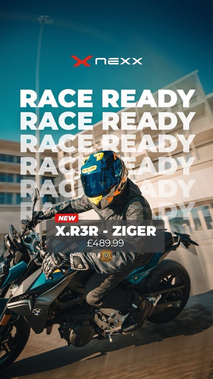 NEXX X.R3R Ziger paid social creative, rider mid-corner under a repeating RACE READY headline.