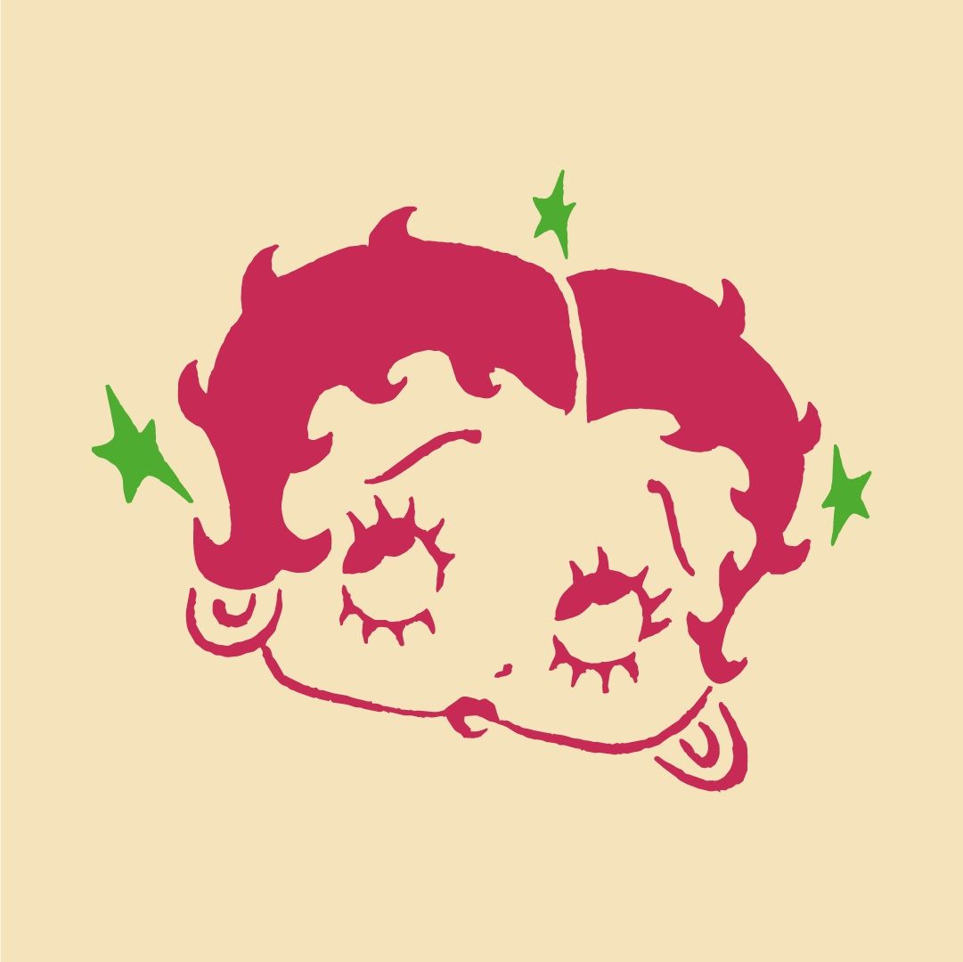 Illustrated character mark in pink and green on cream, drawn for a brand identity.