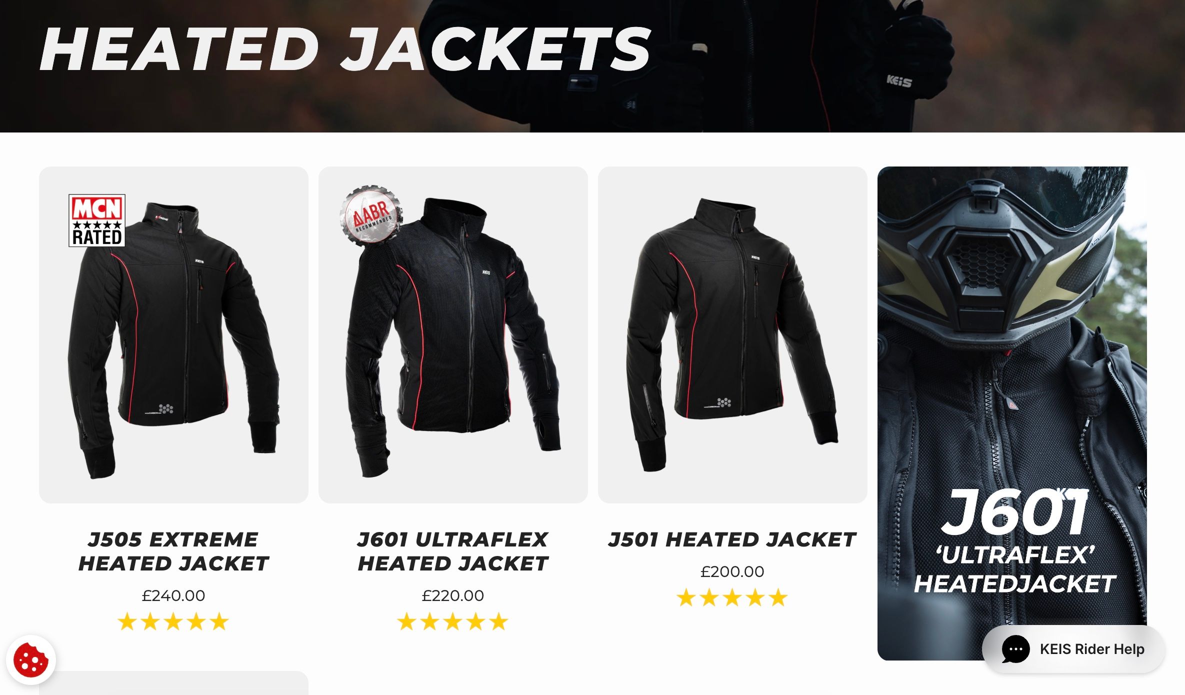 The KEIS Heated Apparel site showing the work live.