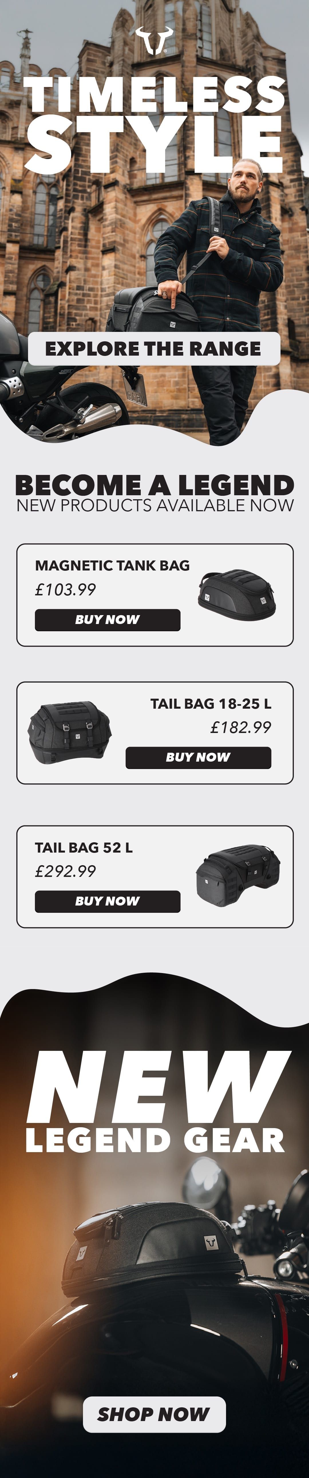 Legend Gear email campaign design, full template from masthead to footer.